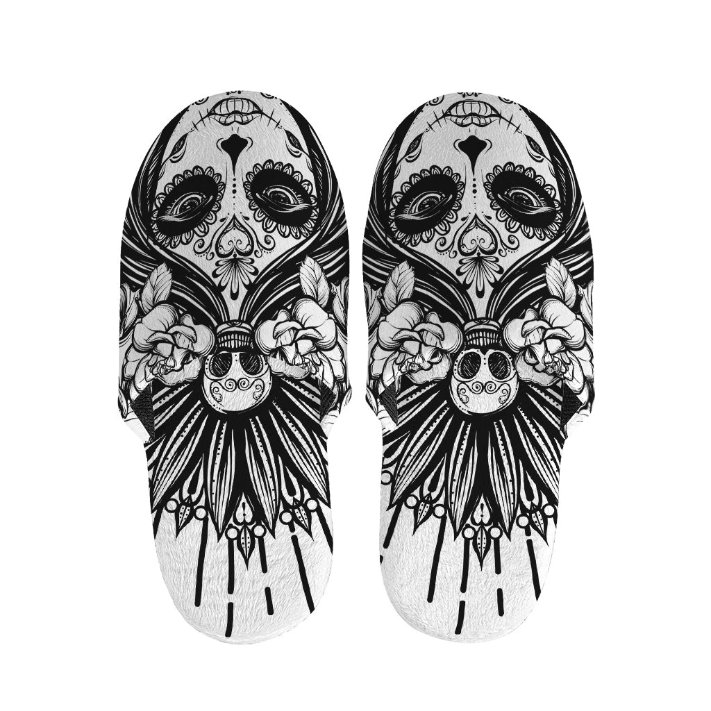 Black And White Calavera Girl Print Slippers