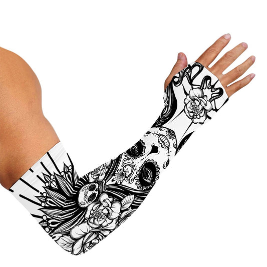 Black And White Calavera Girl Print Sun Protection Arm Sleeves