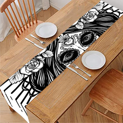 Black And White Calavera Girl Print Table Runner