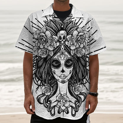 Black And White Calavera Girl Print Textured Short Sleeve Shirt