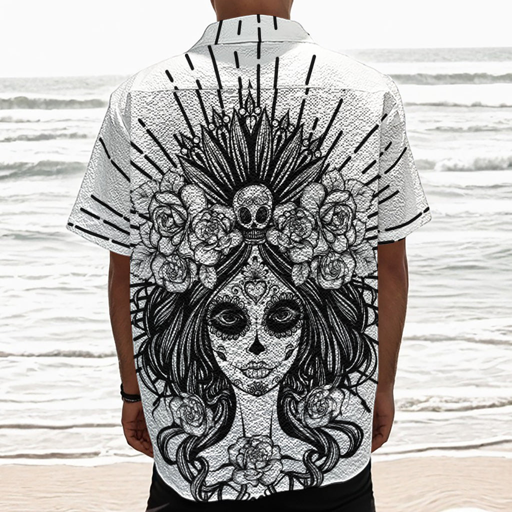 Black And White Calavera Girl Print Textured Short Sleeve Shirt