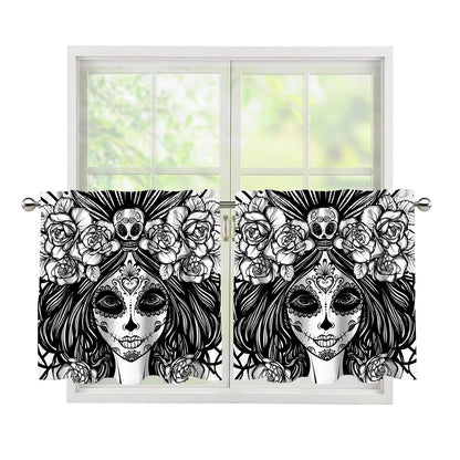 Black And White Calavera Girl Print Tier Curtains