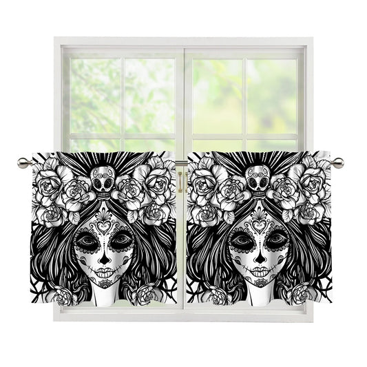 Black And White Calavera Girl Print Tier Curtains