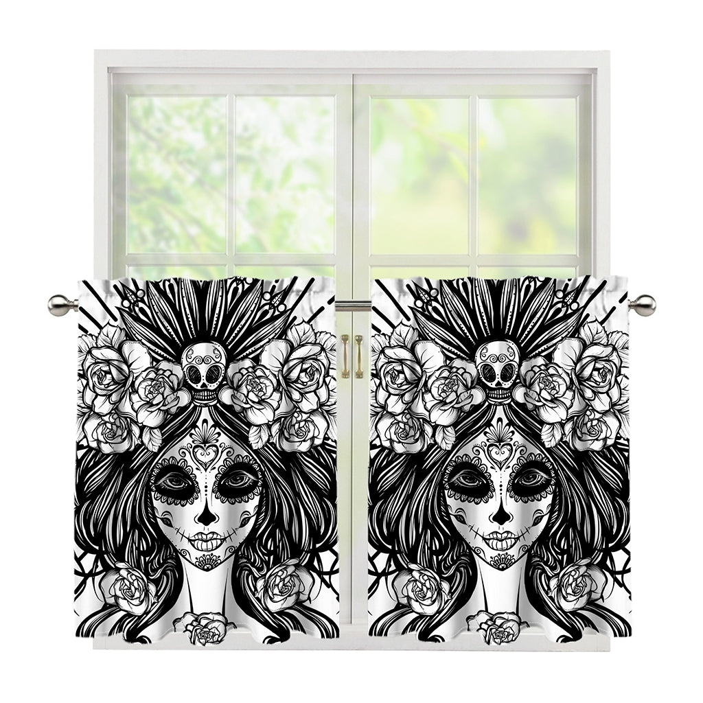 Black And White Calavera Girl Print Tier Curtains