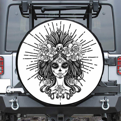 Black And White Calavera Girl Print Tire Cover