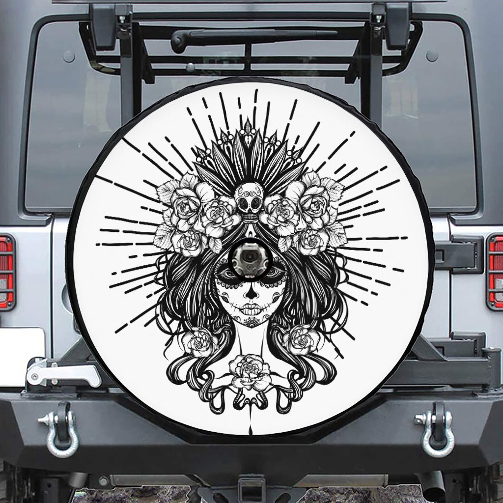 Black And White Calavera Girl Print Tire Cover With Camera Hole