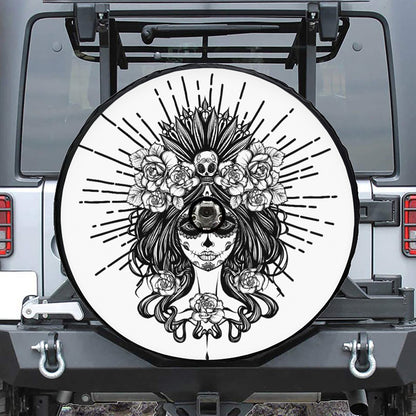 Black And White Calavera Girl Print Tire Cover With Camera Hole