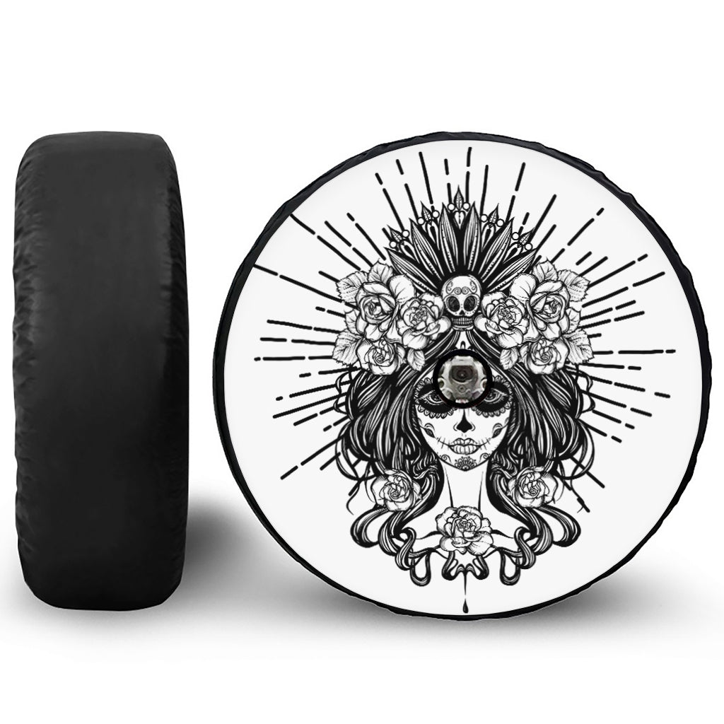 Black And White Calavera Girl Print Tire Cover With Camera Hole