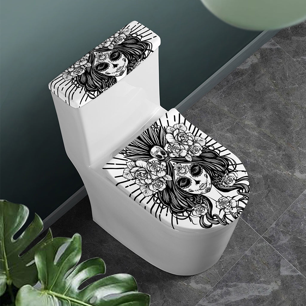 Black And White Calavera Girl Print Toilet Lid And Tank Cover Set