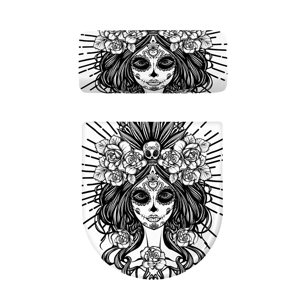 Black And White Calavera Girl Print Toilet Lid And Tank Cover Set