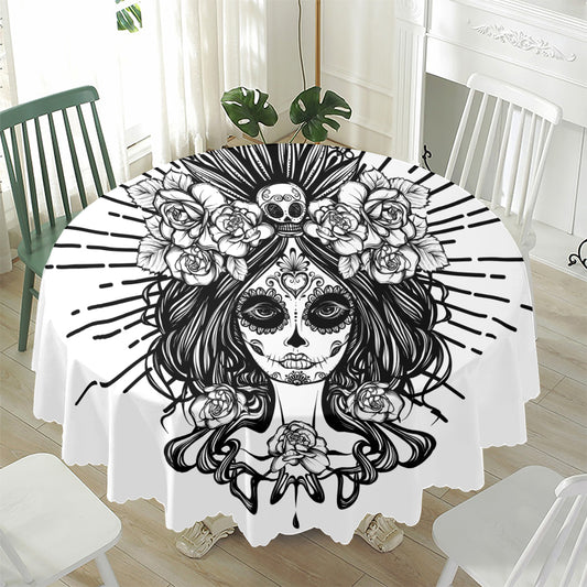 Black And White Calavera Girl Print Waterproof Round Tablecloth