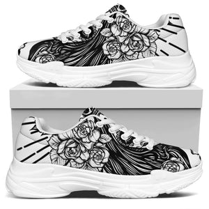 Black And White Calavera Girl Print White Chunky Shoes