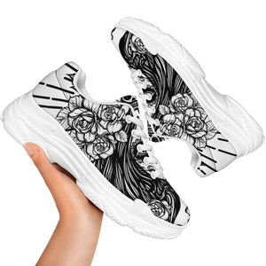 Black And White Calavera Girl Print White Chunky Shoes