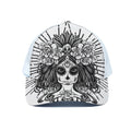 Black And White Calavera Girl Print White Mesh Trucker Hat
