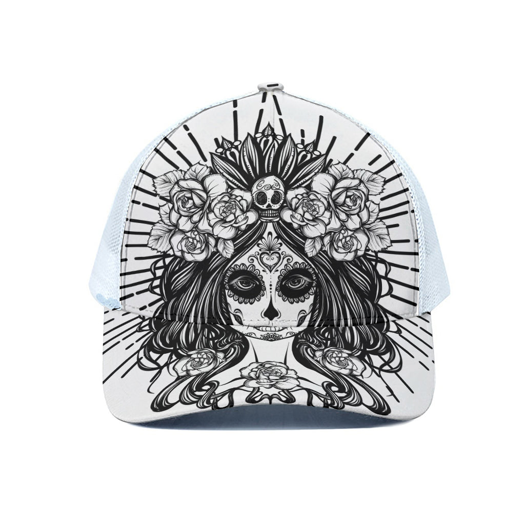 Black And White Calavera Girl Print White Mesh Trucker Cap