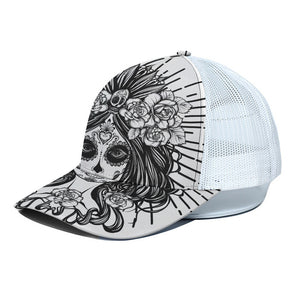 Black And White Calavera Girl Print White Mesh Trucker Cap