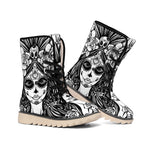 Black And White Calavera Girl Print Winter Boots