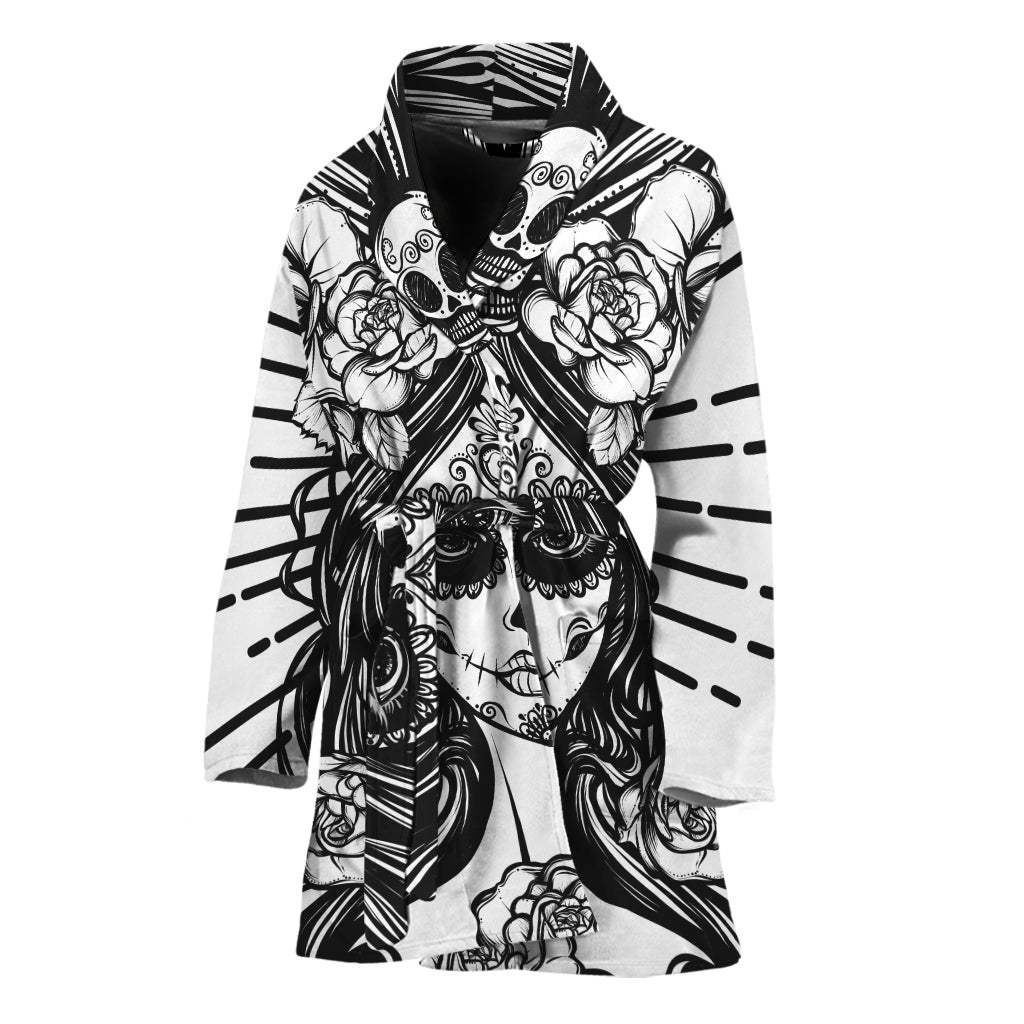 Black And White Calavera Girl Print Women's Bathrobe