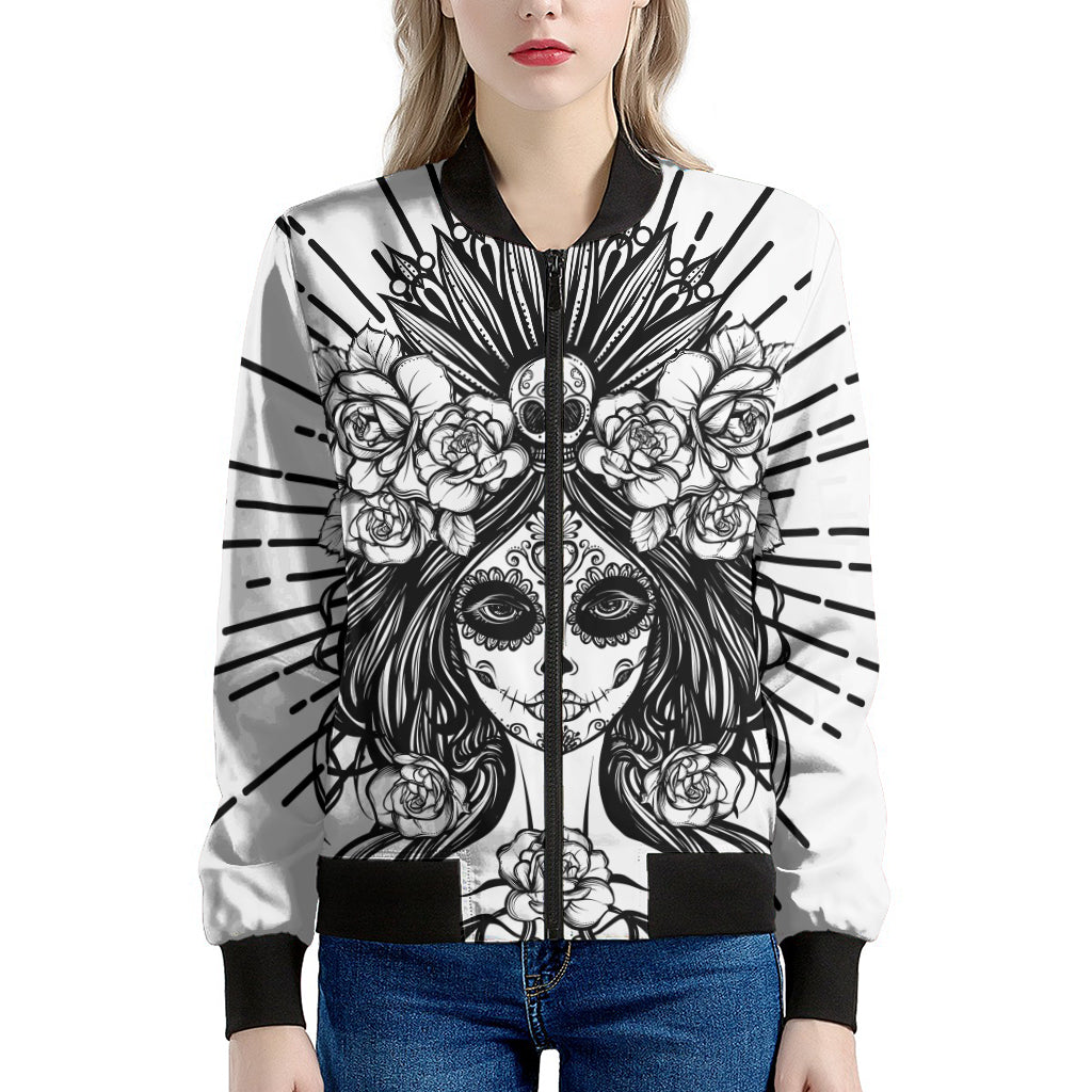 Black And White Calavera Girl Print Women's Bomber Jacket