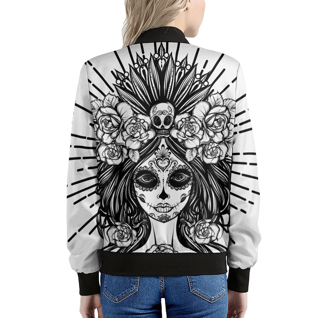 Black And White Calavera Girl Print Women's Bomber Jacket