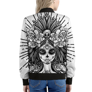 Black And White Calavera Girl Print Women's Bomber Jacket