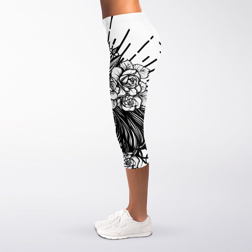 Black And White Calavera Girl Print Women's Capri Leggings