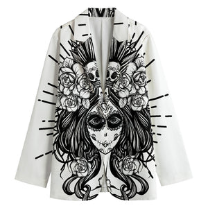 Black And White Calavera Girl Print Women's Cotton Blazer