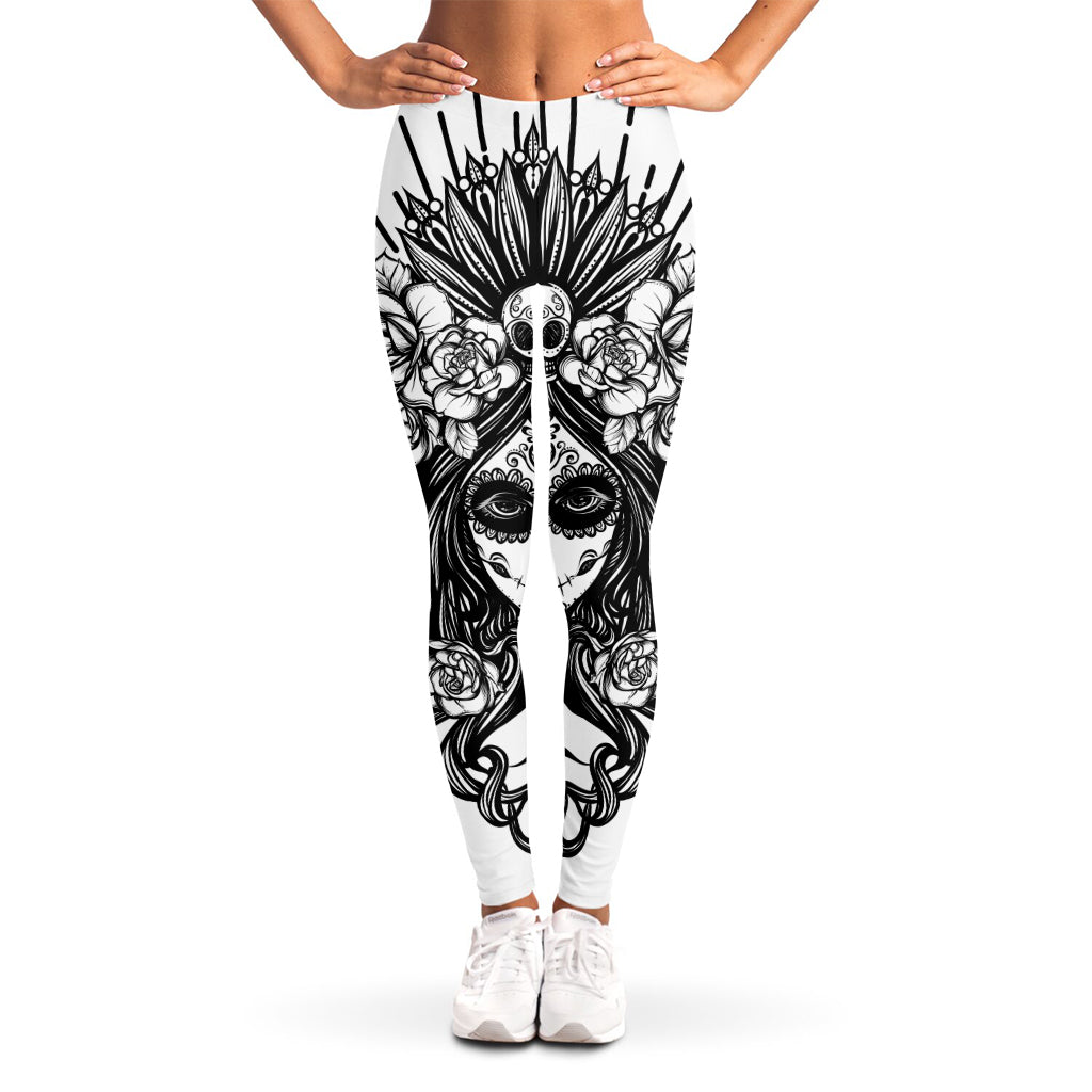 Black And White Calavera Girl Print Women's Leggings