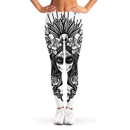 Black And White Calavera Girl Print Women's Leggings