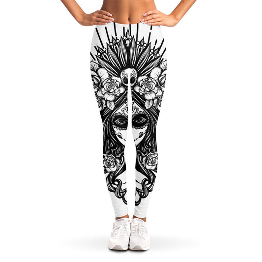 Black And White Calavera Girl Print Women's Leggings