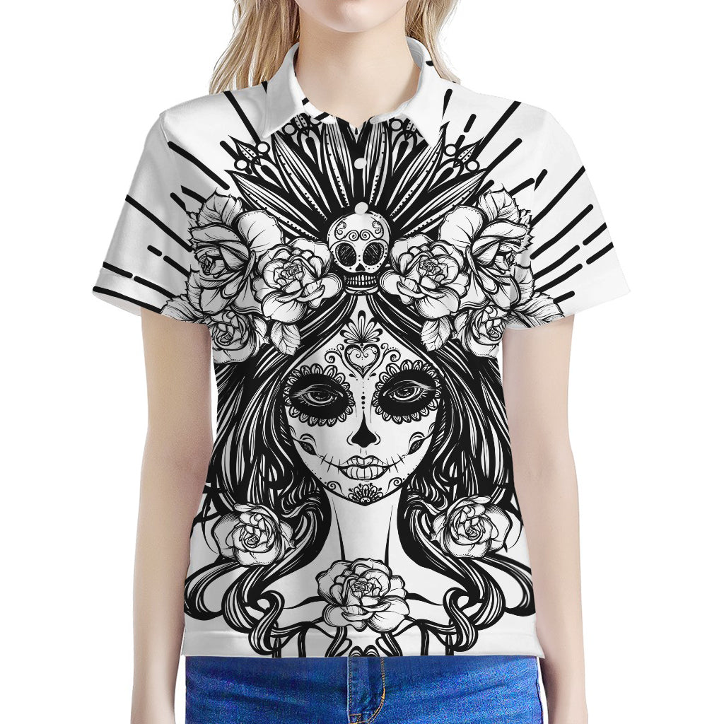 Black And White Calavera Girl Print Women's Polo Shirt