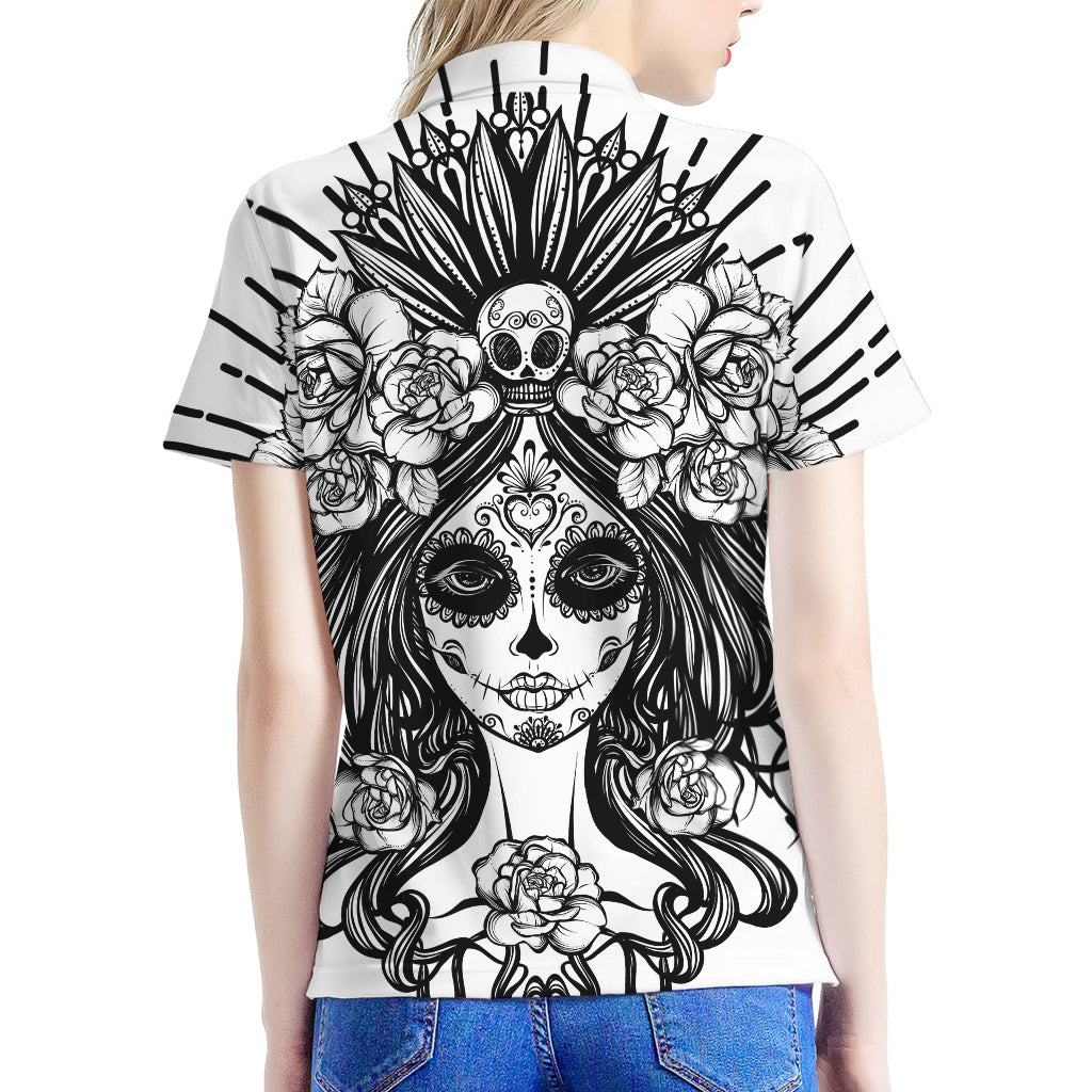 Black And White Calavera Girl Print Women's Polo Shirt