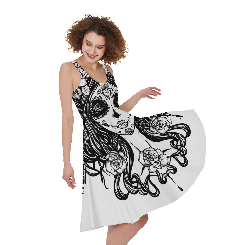 Black And White Calavera Girl Print Women's Sleeveless Dress
