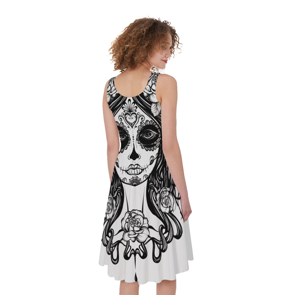 Black And White Calavera Girl Print Women's Sleeveless Dress