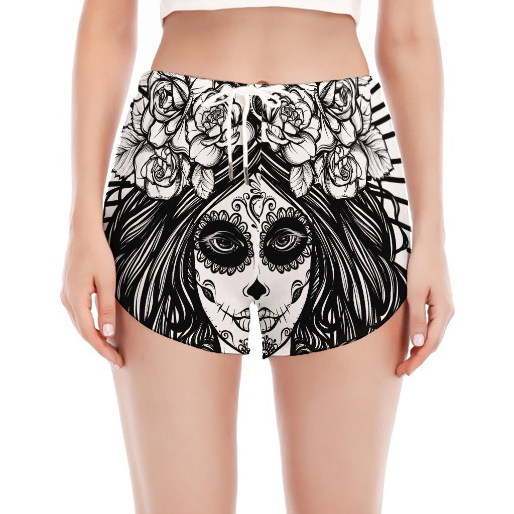 Black And White Calavera Girl Print Women's Split Running Shorts