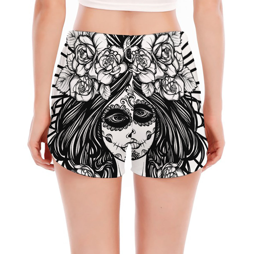 Black And White Calavera Girl Print Women's Split Running Shorts
