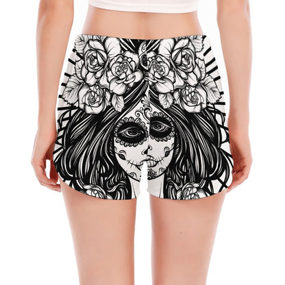 Black And White Calavera Girl Print Women's Split Running Shorts