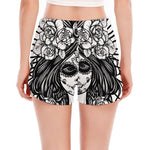 Black And White Calavera Girl Print Women's Split Running Shorts