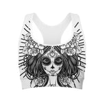 Black And White Calavera Girl Print Women's Sports Bra