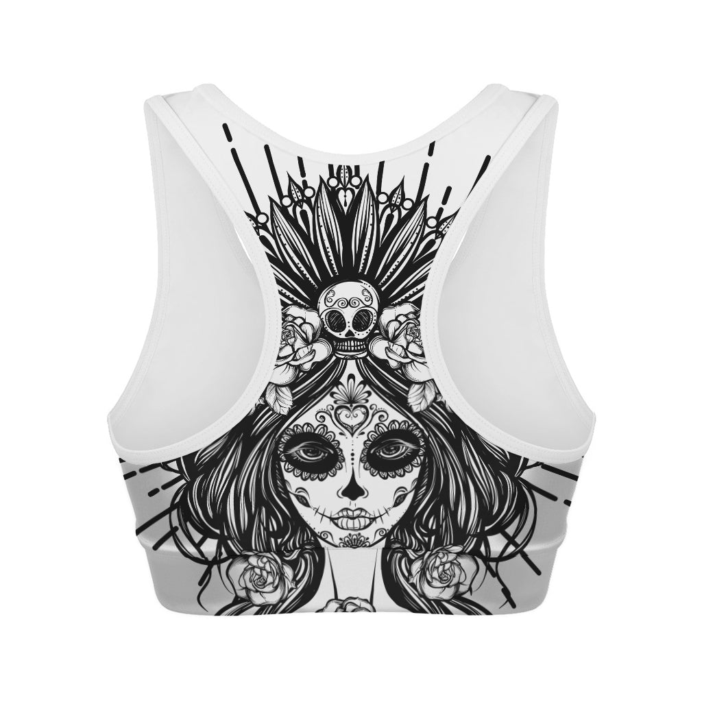 Black And White Calavera Girl Print Women's Sports Bra