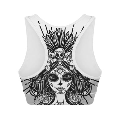 Black And White Calavera Girl Print Women's Sports Bra
