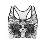 Black And White Calavera Girl Print Women's Sports Bra