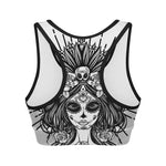 Black And White Calavera Girl Print Women's Sports Bra