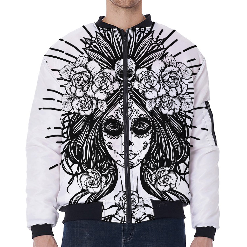 Black And White Calavera Girl Print Zip Sleeve Bomber Jacket