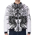 Black And White Calavera Girl Print Zip Sleeve Bomber Jacket