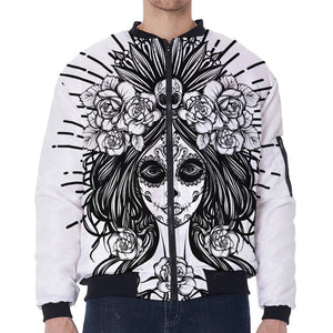 Black And White Calavera Girl Print Zip Sleeve Bomber Jacket