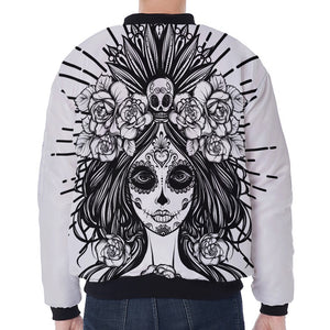 Black And White Calavera Girl Print Zip Sleeve Bomber Jacket