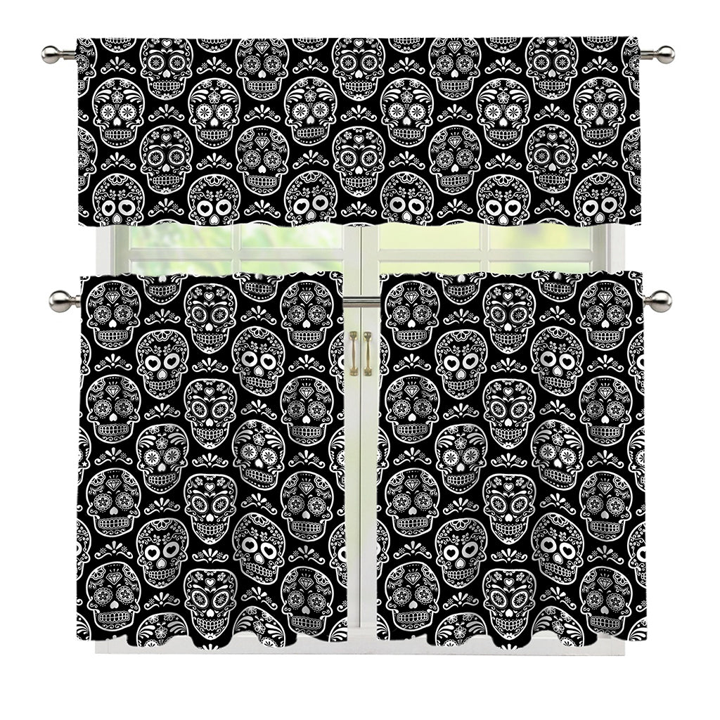 Black And White Calavera Skull Print 3 Piece Kitchen Curtains