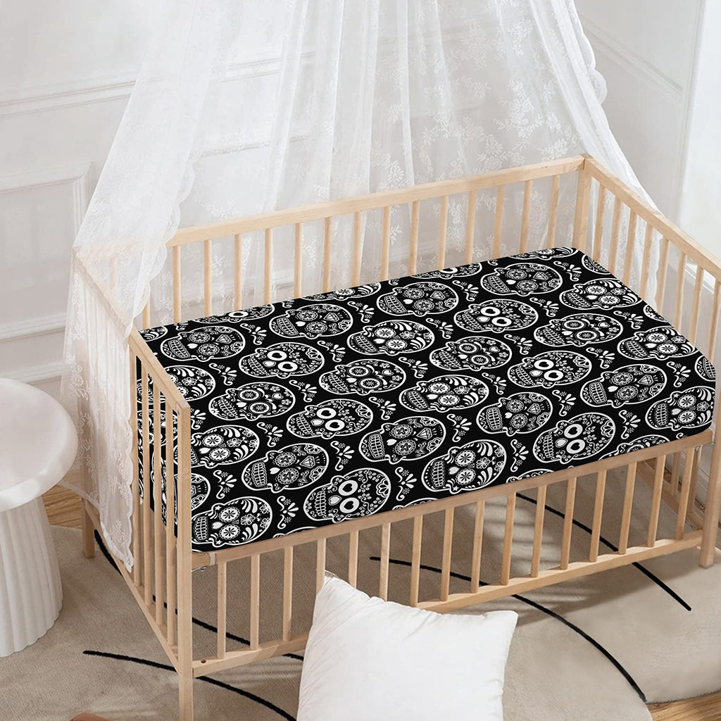 Black And White Calavera Skull Print Baby Crib Sheet