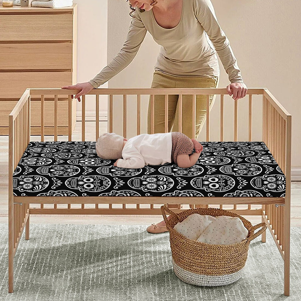 Black And White Calavera Skull Print Baby Crib Sheet